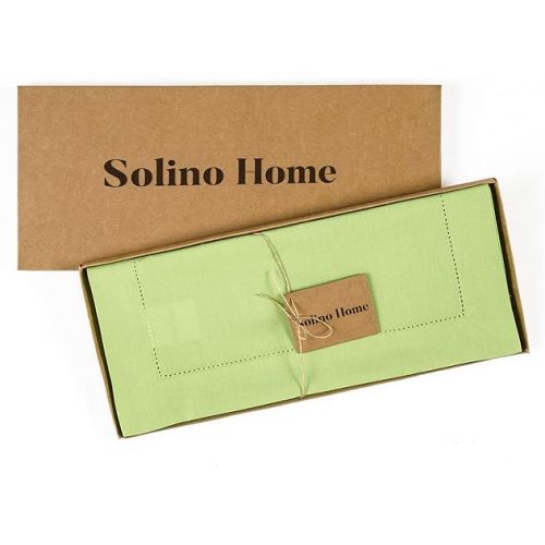  Solino Home Apple Green Table Runner 108 Inches Long - Cotton Linen Hemstitch Summer Table Runner 14 x 108 Inch - Machine Washable Scarf Dining Table Runner