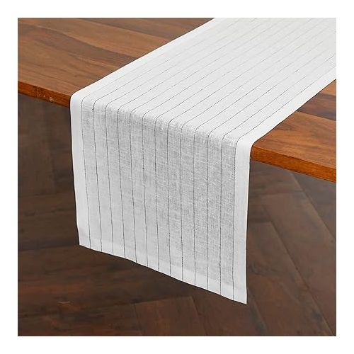  Solino Home Pinstripe Linen Table Runner 72 inches Long - 100% Pure Linen White and Black Table Runner 14 x 72 Inch - Machine Washable Farmhouse Table Runner for Summer