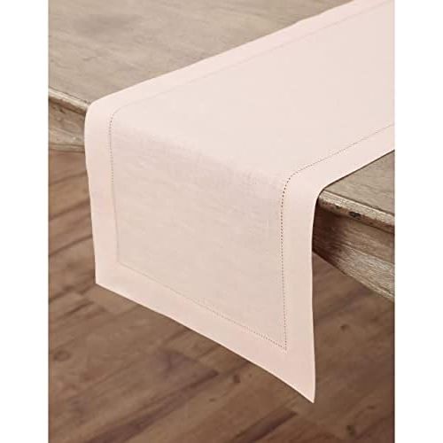  Solino Home 100% Pure Linen Hemstitch Table Runner - 14 x 48 Inch, Handcrafted from European Flax, Machine Washable Classic Hemstitch - Pink