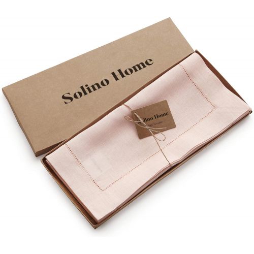 Solino Home 100% Pure Linen Hemstitch Table Runner - 14 x 48 Inch, Handcrafted from European Flax, Machine Washable Classic Hemstitch - Pink
