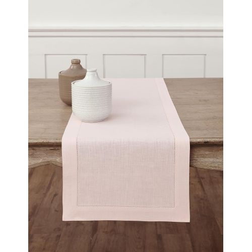  Solino Home 100% Pure Linen Hemstitch Table Runner - 14 x 48 Inch, Handcrafted from European Flax, Machine Washable Classic Hemstitch - Pink