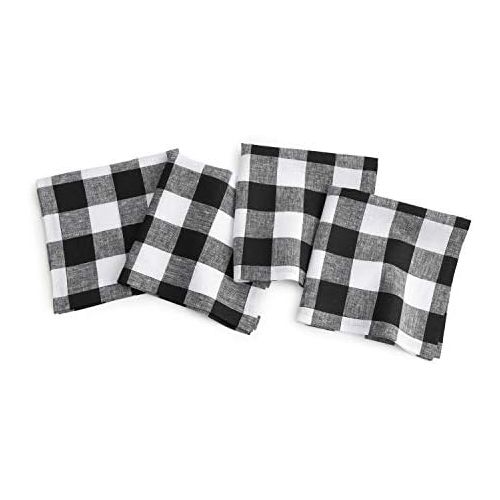  [아마존베스트]Solino Home 100% Pure Linen Buffalo Check Dinner Napkin  Black & White Check Napkins Set of 4, 20 x 20 Inch  Handcrafted with Mitered Corners