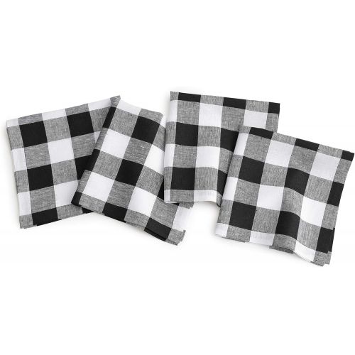  [아마존베스트]Solino Home 100% Pure Linen Buffalo Check Dinner Napkin  Black & White Check Napkins Set of 4, 20 x 20 Inch  Handcrafted with Mitered Corners