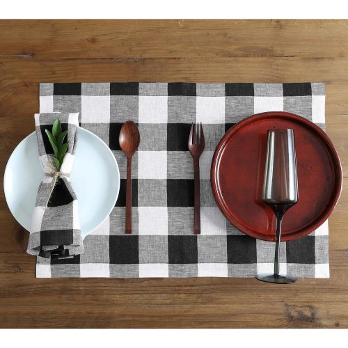  [아마존베스트]Solino Home 100% Pure Linen Buffalo Check Dinner Napkin  Black & White Check Napkins Set of 4, 20 x 20 Inch  Handcrafted with Mitered Corners