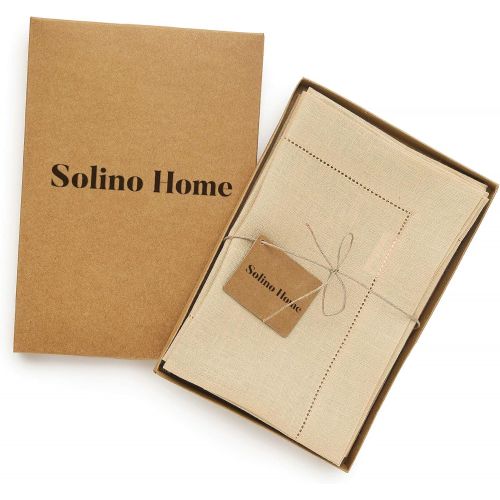  [아마존베스트]Solino Home 100% Pure Linen Hemstitch Dinner Napkins - 20 x 20 Inch, Beige Set of 4, European Flax, Natural Fabric Machine Washable Classic Hemstitch - Handcrafted with Mitered Cor