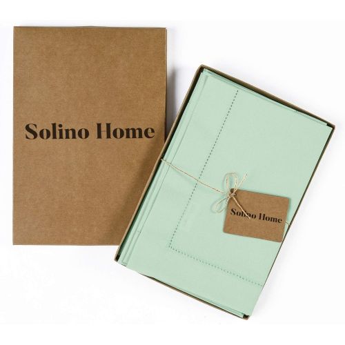  [아마존베스트]Solino Home Hemstitch Cotton Linen Dinner Napkins  Set of 4, 20 x 20 Inch Aqua Natural Fabric  Machine Washable Handcrafted with Mitered Corners