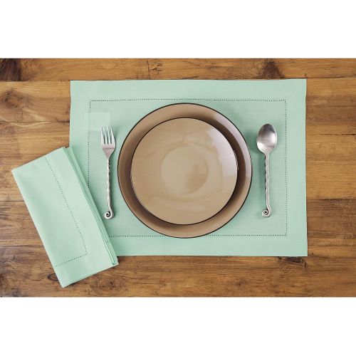  [아마존베스트]Solino Home Hemstitch Cotton Linen Dinner Napkins  Set of 4, 20 x 20 Inch Aqua Natural Fabric  Machine Washable Handcrafted with Mitered Corners