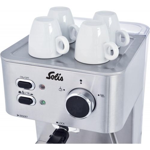  Solis Siebtrager-Espressomaschine fuer gemahlenen Kaffee oder Softpads, Heissdampfduese, 15 Bar, 1,5 l Wassertank, Edelstahl, Primaroma