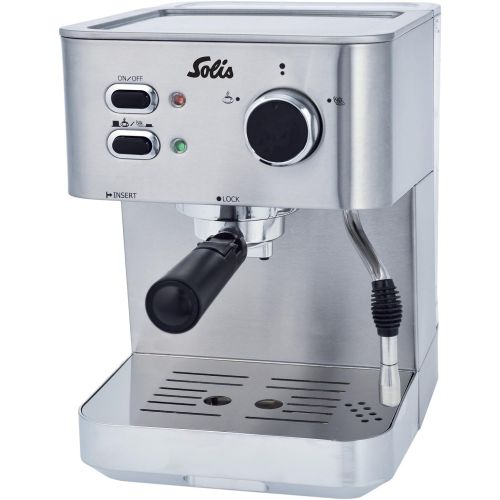  Solis Siebtrager-Espressomaschine fuer gemahlenen Kaffee oder Softpads, Heissdampfduese, 15 Bar, 1,5 l Wassertank, Edelstahl, Primaroma