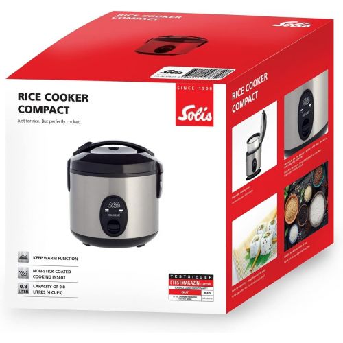  Solis Reiskocher, Weisser/brauner Reis, Warmhaltefunktion, 4 Tassen Reis, 0,8 Liter, Inklusive Messbecher und Schoepfloeffel, Rice Cooker Compact (Typ 821)