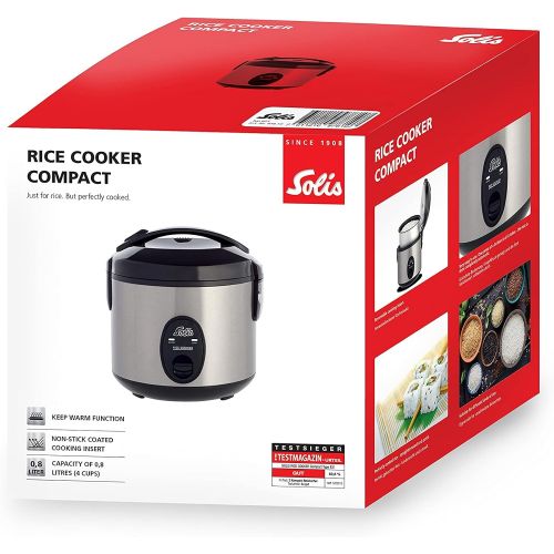  Solis Reiskocher, Weisser/brauner Reis, Warmhaltefunktion, 4 Tassen Reis, 0,8 Liter, Inklusive Messbecher und Schoepfloeffel, Rice Cooker Compact (Typ 821)