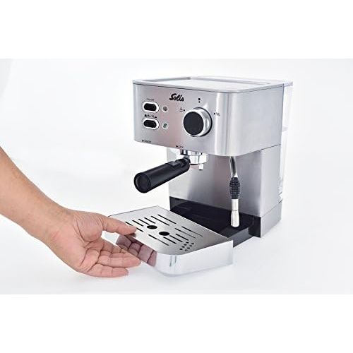  Solis Siebtrager-Espressomaschine fuer gemahlenen Kaffee oder Softpads, Heissdampfduese, 15 Bar, 1,5 l Wassertank, Edelstahl, Primaroma