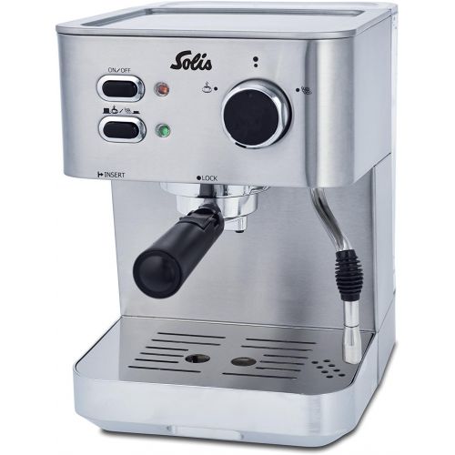  Solis Siebtrager-Espressomaschine fuer gemahlenen Kaffee oder Softpads, Heissdampfduese, 15 Bar, 1,5 l Wassertank, Edelstahl, Primaroma