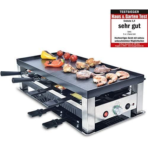  Solis Grill 5 in 1, Raclette/ Tischgrill/ Wok/ Crepes/Pizza, 8 Personen, Edelstahl, Table Grill 5 in 1 (Typ 790)