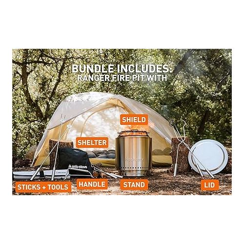  Solo Stove Ranger Ultimate Bundle 2.0 | Incl. Smokeless Fire Pit, Stand, Shelter, Shield, Lid, Handle, Sticks&Tools, Portable Camping Accessories, Wood Burning, Stainless Steel, H: 15.25in, Dia: 15in