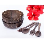 /SomchaiCraft 2 Coconut Shell Bowls with 2 pairs of Wooden Forks and Spoons