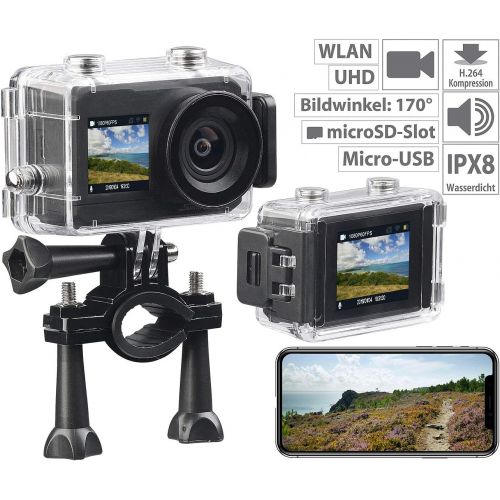  Somikon 4K Action Cam: UHD-Action-Cam mit 2 Displays, WLAN und Marken-Bildsensor, IPX8 (Unterwassercamera)