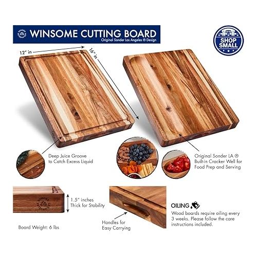  Sonder Los Angeles, Thick Sustainable Acacia Wood Cutting Board for Kitchen with Juice Groove, Sorting Compartment, Charcuterie 16x12x1.5 in (Gift Box Included)