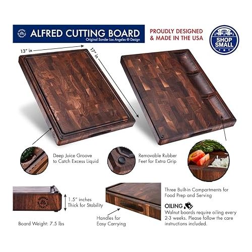  Sonder Los Angeles, Made in USA, Large Thick End Grain Walnut Wood Cutting Board with Non-Slip Feet, Juice Groove, Sorting Compartments for Kitchen 17x13x1.5 in (Gift Box Included)