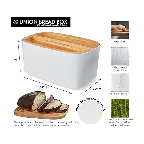  Sonder Los Angeles, Modern Bamboo Fiber (White) Bread Box for Kitchen Countertop with Reversible Wood Serving Lid, Homemade Bread Storage 14.25 x 9.25 x 7in, Storage Bin and Bread Container