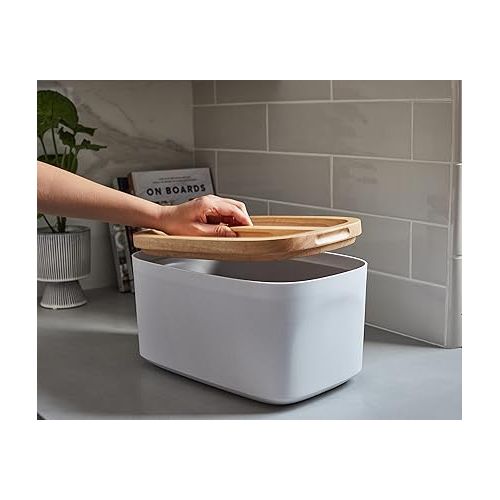  Sonder Los Angeles, Modern Bamboo Fiber (White) Bread Box for Kitchen Countertop with Reversible Wood Serving Lid, Homemade Bread Storage 14.25 x 9.25 x 7in, Storage Bin and Bread Container