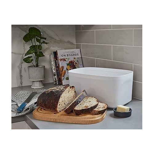  Sonder Los Angeles, Modern Bamboo Fiber (White) Bread Box for Kitchen Countertop with Reversible Wood Serving Lid, Homemade Bread Storage 14.25 x 9.25 x 7in, Storage Bin and Bread Container