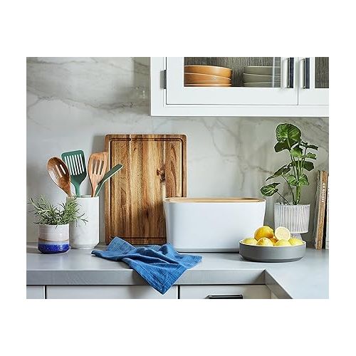  Sonder Los Angeles, Modern Bamboo Fiber (White) Bread Box for Kitchen Countertop with Reversible Wood Serving Lid, Homemade Bread Storage 14.25 x 9.25 x 7in, Storage Bin and Bread Container