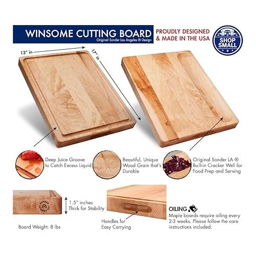  Sonder Los Angeles, Made in USA, Large Thick Maple Wood Cutting Board for Kitchen with Juice Groove, Sorting Compartment, Charcuterie Wooden Board 17x13x1.5 in (Gift Box Included)