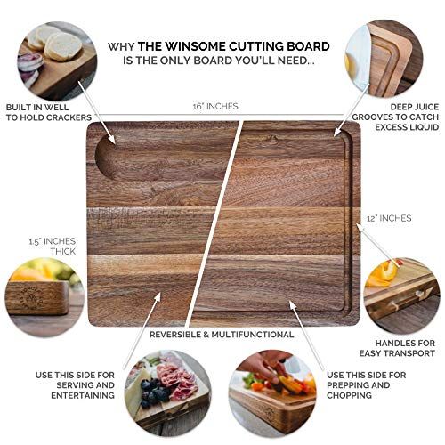  Large Reversible Multipurpose Thick Acacia Wood Cutting Board: 16x12x1.5 Juice Groove & Cracker Holder (Gift Box Included) by Sonder Los Angeles