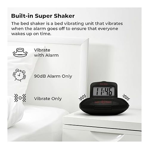  Sonic Alert Portable Loud Vibrating Alarm Clock, Black - SBP100B - Sonic Shaker Loud Vibrating Alarm Clock - Wake with a Shake