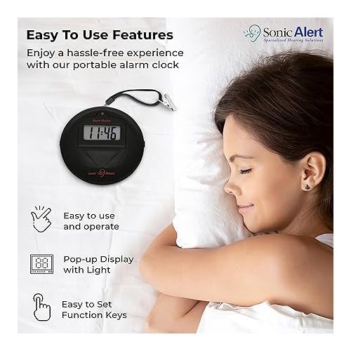  Sonic Alert Portable Loud Vibrating Alarm Clock, Black - SBP100B - Sonic Shaker Loud Vibrating Alarm Clock - Wake with a Shake