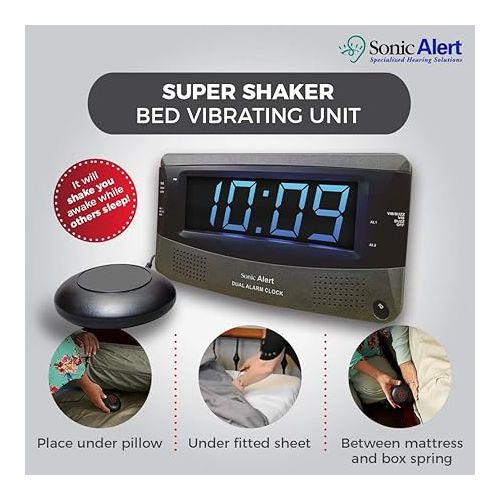  Sonic Alert Dual Extra Loud Alarm Clock with Bed Shaker | Sonic Boom Vibrating Alarm Clock for Heavy Sleepers, Battery Backup | Wake with a Shake