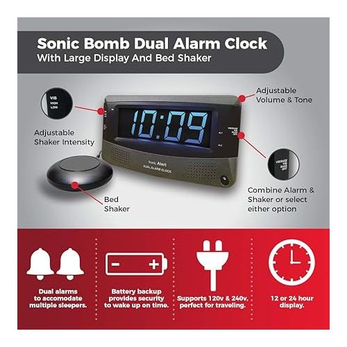  Sonic Alert Dual Extra Loud Alarm Clock with Bed Shaker | Sonic Boom Vibrating Alarm Clock for Heavy Sleepers, Battery Backup | Wake with a Shake