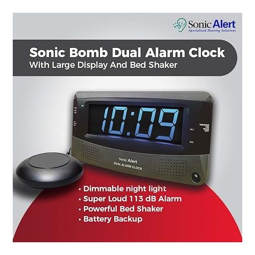  Sonic Alert Dual Extra Loud Alarm Clock with Bed Shaker | Sonic Boom Vibrating Alarm Clock for Heavy Sleepers, Battery Backup | Wake with a Shake