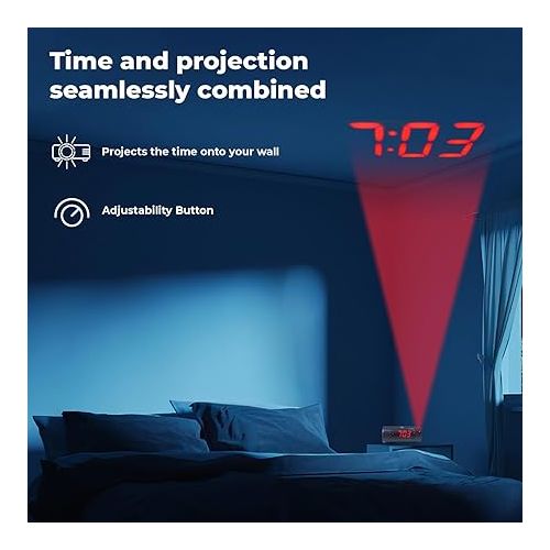  Sonic Blast Digital Alarm Clock - Alarm Clock for Heavy Sleepers - Projection Alarm Clock - Android & iOS Compatible - Bluetooth Speaker, USB Port - AUX Compatible