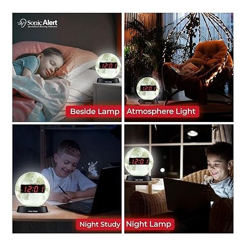  Sonic Alert Moon Alarm Clock Nightlight | Soft Ambient Light for Children in The Dark | Recordable Alarm Clock for Heavy Sleepers | Built-in Speake, Aux Connection