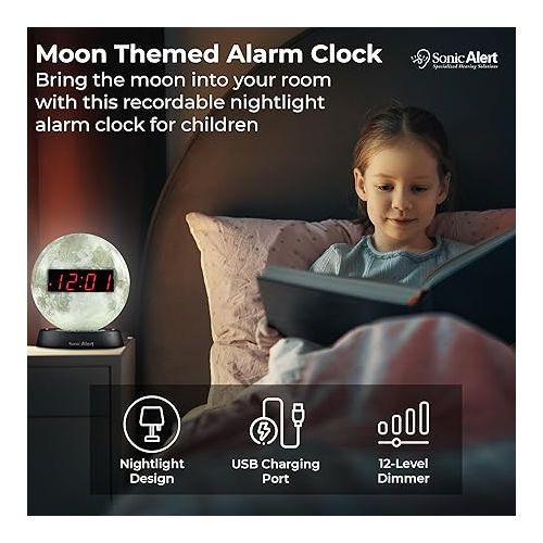  Sonic Alert Moon Alarm Clock Nightlight | Soft Ambient Light for Children in The Dark | Recordable Alarm Clock for Heavy Sleepers | Built-in Speake, Aux Connection