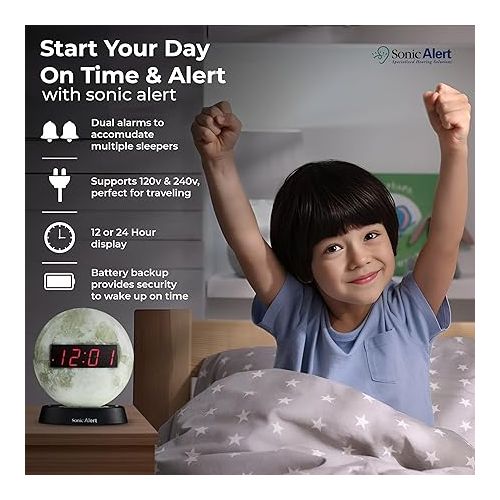  Sonic Alert Moon Alarm Clock Nightlight | Soft Ambient Light for Children in The Dark | Recordable Alarm Clock for Heavy Sleepers | Built-in Speake, Aux Connection