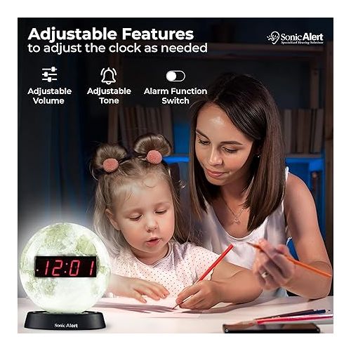  Sonic Alert Moon Alarm Clock Nightlight | Soft Ambient Light for Children in The Dark | Recordable Alarm Clock for Heavy Sleepers | Built-in Speake, Aux Connection