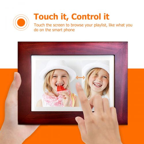  Sonicgrace 8 Widescreen Wi-Fi Cloud Digital Photo Frame with IPS Display, HD Touch Screen, Full Angle View, 10GB Free Cloud Storage, Real Wood Frame, Russet Brown