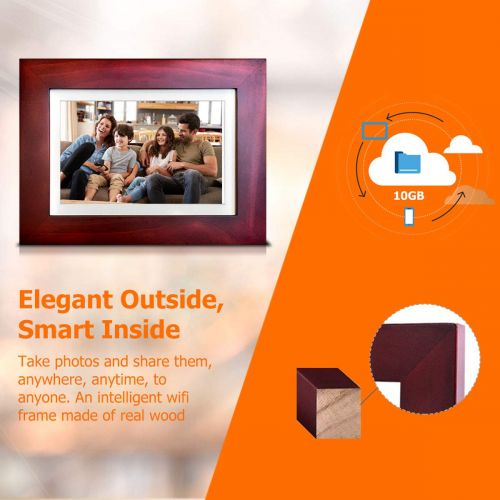  Sonicgrace 8 Widescreen Wi-Fi Cloud Digital Photo Frame with IPS Display, HD Touch Screen, Full Angle View, 10GB Free Cloud Storage, Real Wood Frame, Russet Brown