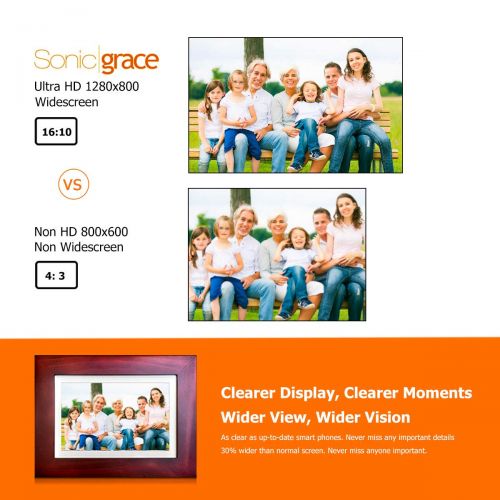  Sonicgrace 8 Widescreen Wi-Fi Cloud Digital Photo Frame with IPS Display, HD Touch Screen, Full Angle View, 10GB Free Cloud Storage, Real Wood Frame, Russet Brown