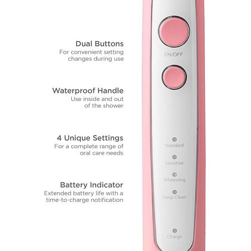  Soniclean Pro 4800 Electric Toothbrush for Adults with 12 Toothbrush Heads, Rechargeable Toothbrush, Automatic Toothbrush, Soft Bristle Toothbrush, Pink