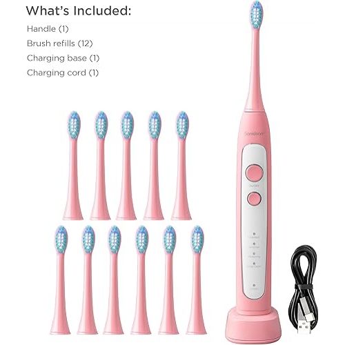  Soniclean Pro 4800 Electric Toothbrush for Adults with 12 Toothbrush Heads, Rechargeable Toothbrush, Automatic Toothbrush, Soft Bristle Toothbrush, Pink