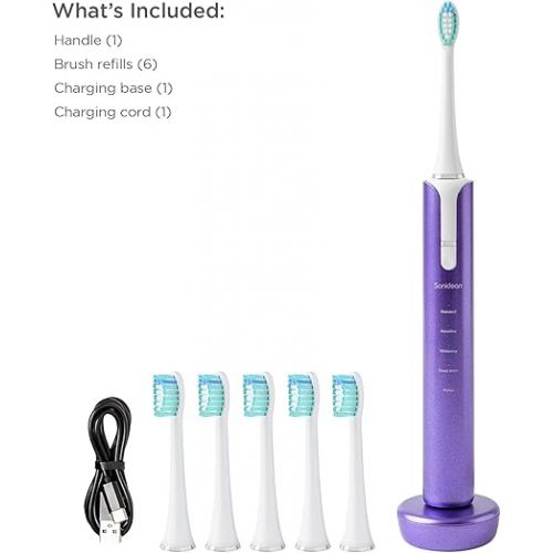  Soniclean Lux Sonic Toothbrush for Adults with 6 Toothbrush Heads, Rechargeable Toothbrush, Automatic Toothbrush, Sonic Toothbrush with Refills, Purple