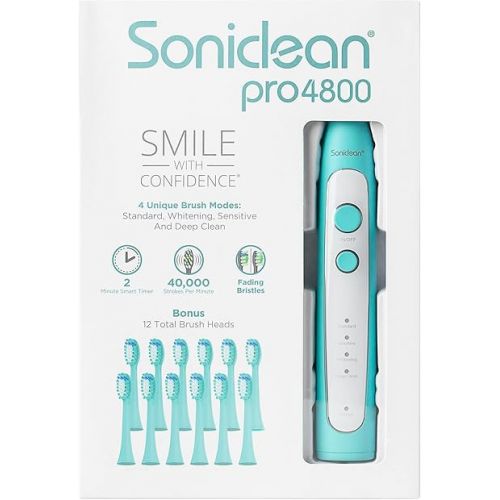  Soniclean Pro 4800 Electric Toothbrush for Adults with 12 Toothbrush Heads, Rechargeable Toothbrush, Automatic Toothbrush, Soft Bristle Toothbrush, Mint