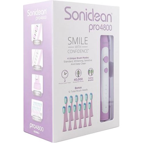  Soniclean Pro 4800 Electric Toothbrush for Adults with 12 Toothbrush Heads, Rechargeable Toothbrush, Automatic Toothbrush, Soft Bristle Toothbrush, Lilac