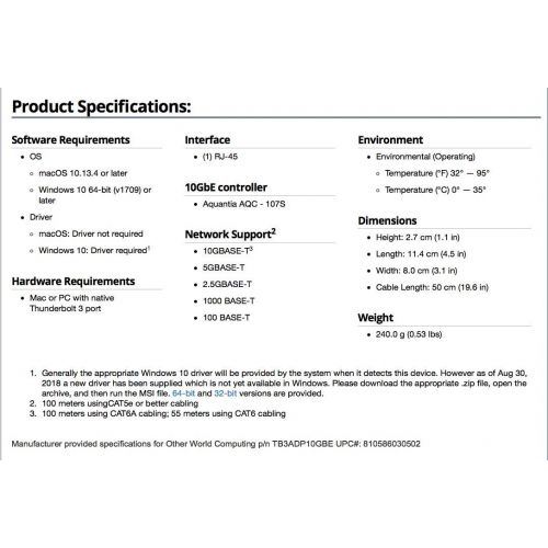  Sonnet OWC Thunderbolt 3 10G Ethernet Adapter, (OWCTB3ADP10GBE), For high-speed network connections