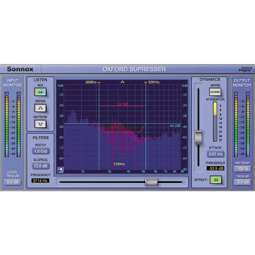  Sonnox},description:The Oxford SuprEsser is both a very highly-featured professional De-Esser and a Dynamic EQ. There is a simple mode for quick fixes, but also an advanced mode fo