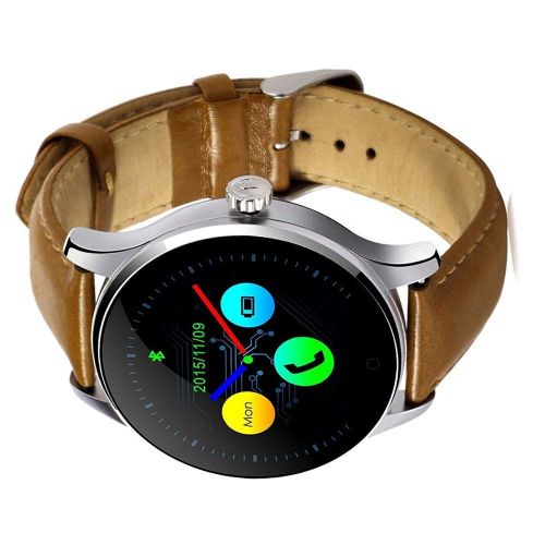  Sontakukou K88H Bluetooth SmartWatch with Adjustable Watchband Sleep Monitor Round IPS Screen Smartwatch Wristwatch for iOS and Android Brown Leather Watchband Silver Frame